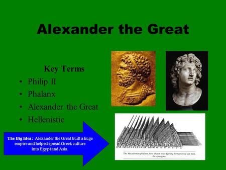 Alexander the Great Key Terms Philip II Phalanx Alexander the Great