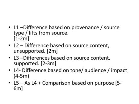 L1 –Difference based on provenance / source type / lifts from source. [1-2m] L2 – Difference based on source content, unsupported. [2m] L3 –Differences.
