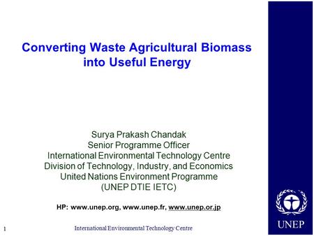 UNEP International Environmental Technology Centre 1 Converting Waste Agricultural Biomass into Useful Energy Surya Prakash Chandak Senior Programme Officer.