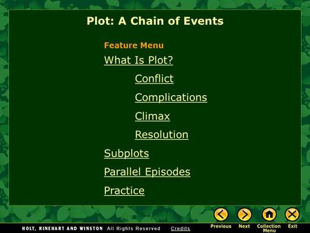 What Is Plot? Conflict Complications Climax Resolution Subplots Parallel Episodes Practice Plot: A Chain of Events Feature Menu.
