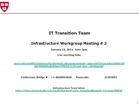1 IT Transition Team Infrastructure Workgroup Meeting # 2 January 12, 2011 1pm-3pm Live meeting link: