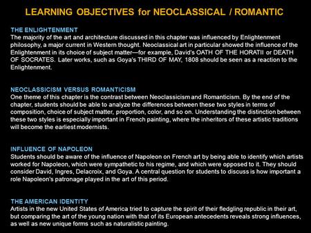 LEARNING OBJECTIVES for NEOCLASSICAL / ROMANTIC