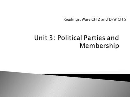 Readings: Ware CH 2 and D/W CH 5.  What are supporters? Members? Activists?  What role do they play in the functioning of political parties?  How do.