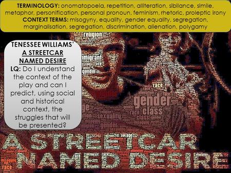 TENESSEE WILLIAMS’ A STREETCAR NAMED DESIRE LQ: Do I understand the context of the play and can I predict, using social and historical context, the struggles.