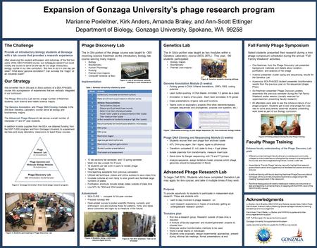 Expansion of Gonzaga University’s phage research program Marianne Poxleitner, Kirk Anders, Amanda Braley, and Ann-Scott Ettinger Department of Biology,