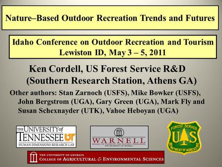 Nature–Based Outdoor Recreation Trends and Futures Ken Cordell, US Forest Service R&D (Southern Research Station, Athens GA) Other authors: Stan Zarnoch.