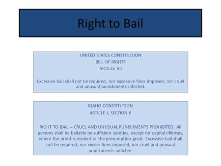 Right to Bail IDAHO CONSTITUTION ARTICLE I, SECTION 6 RIGHT TO BAIL -- CRUEL AND UNUSUAL PUNISHMENTS PROHIBITED. All persons shall be bailable by sufficient.