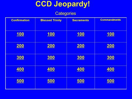 CCD Jeopardy! ConfirmationBlessed TrinitySacraments Commandments 100 200 300 400 500 Categories.