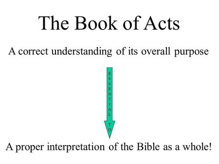 The Book of Acts A correct understanding of its overall purpose ESSENTIALTOESSENTIALTO A proper interpretation of the Bible as a whole!