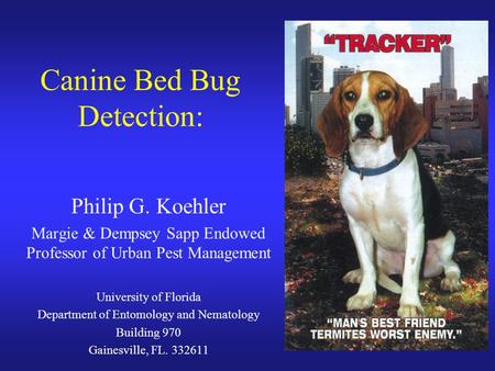 Canine Bed Bug Detection: Philip G. Koehler Margie & Dempsey Sapp Endowed Professor of Urban Pest Management University of Florida Department of Entomology.