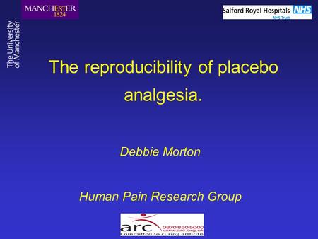 The reproducibility of placebo analgesia. Debbie Morton Human Pain Research Group.