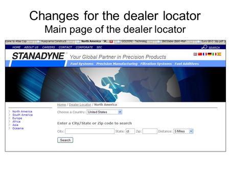 Changes for the dealer locator Main page of the dealer locator.