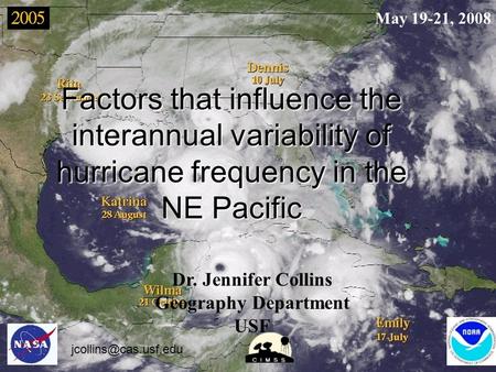 Factors that influence the interannual variability of hurricane frequency in the NE Pacific Dr. Jennifer Collins Geography Department USF May 19-21, 2008.