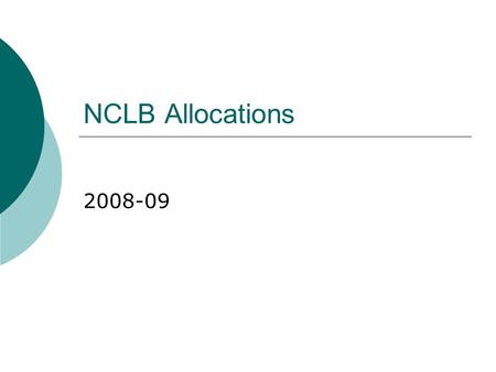 NCLB Allocations 2008-09. What’s Covered in this Presentation  NCLB Allocations for: Title I, Part A Title I, Part D, Subpart 2 Title II, Part A Title.