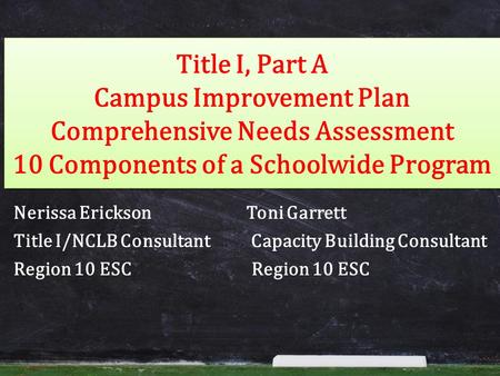 Title I, Part A Campus Improvement Plan Comprehensive Needs Assessment 10 Components of a Schoolwide Program Nerissa Erickson Toni Garrett Title I/NCLB.