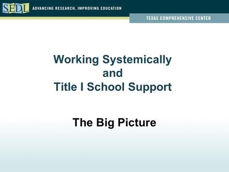 Working Systemically and Title I School Support The Big Picture.