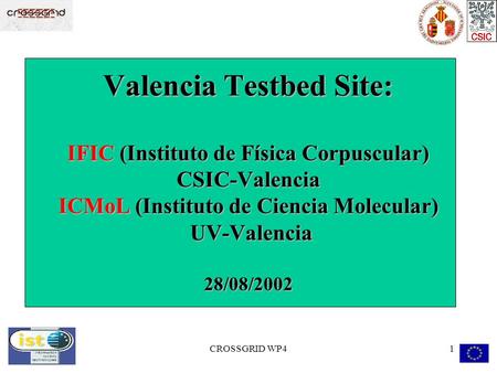 CROSSGRID WP41 Valencia Testbed Site: IFIC (Instituto de Física Corpuscular) CSIC-Valencia ICMoL (Instituto de Ciencia Molecular) UV-Valencia 28/08/2002.