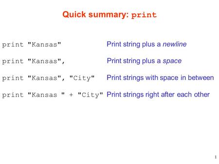 1 Quick summary: print print Kansas Print string plus a newline print Kansas, Print string plus a space print Kansas, City Print strings with space.