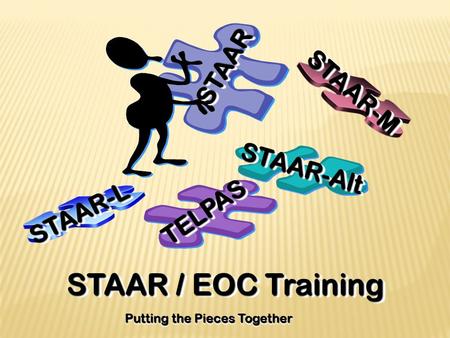 STAAR / EOC Training Putting the Pieces Together TELPASTELPAS STAARSTAAR STAAR-AltSTAAR-Alt STAAR-MSTAAR-M STAAR-LSTAAR-L.