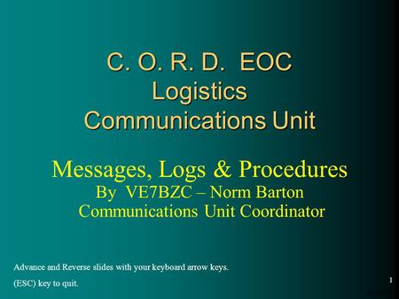 06/04/09 1 C. O. R. D. EOC Logistics Communications Unit Messages, Logs & Procedures By VE7BZC – Norm Barton Communications Unit Coordinator Advance and.