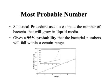 Most Probable Number Statistical Procedure used to estimate the number of bacteria that will grow in liquid media. Gives a 95% probability that the bacterial.