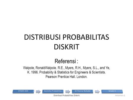 DISTRIBUSI PROBABILITAS DISKRIT Referensi : Walpole, RonaldWalpole. R.E., Myers, R.H., Myers, S.L., and Ye, K. 1996. Probability & Statistics for Engineers.