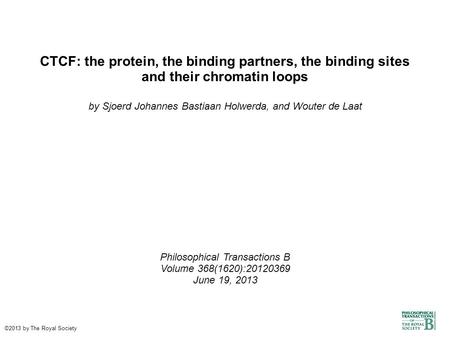 CTCF: the protein, the binding partners, the binding sites and their chromatin loops by Sjoerd Johannes Bastiaan Holwerda, and Wouter de Laat Philosophical.