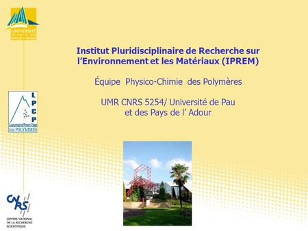 Institut Pluridisciplinaire de Recherche sur l’Environnement et les Matériaux (IPREM) Équipe Physico-Chimie des Polymères UMR CNRS 5254/ Université de.