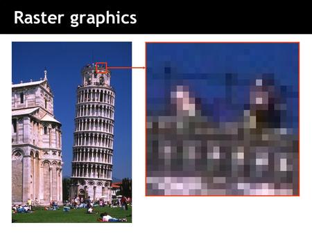 Raster graphics. Colour depth 01 1 bit pr pixel = 2 combinations (2 1 ): 2 bits pr pixel = 4 combinations (2 2 ): 00011011 4 bits pr pixel = 16 combinations(2.