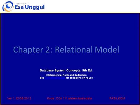 Ver 1,12/09/2012Kode :CCs 111,sistem basisdataFASILKOM Chapter 2: Relational Model Database System Concepts, 5th Ed. ©Silberschatz, Korth and Sudarshan.