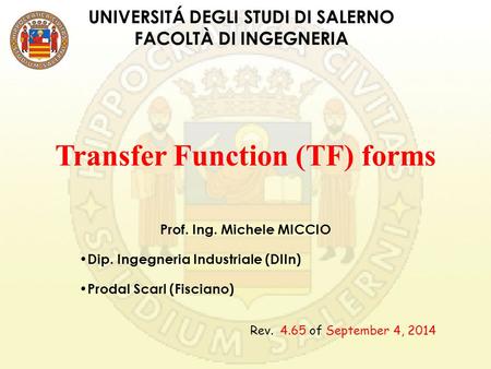 UNIVERSITÁ DEGLI STUDI DI SALERNO FACOLTÀ DI INGEGNERIA Prof. Ing. Michele MICCIO Dip. Ingegneria Industriale (DIIn) Prodal Scarl (Fisciano) Transfer Function.