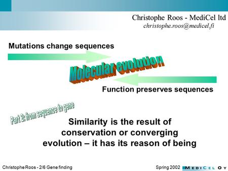 Spring 2002Christophe Roos - 2/6 Gene finding Function preserves sequences Christophe Roos - MediCel ltd Similarity is the result.