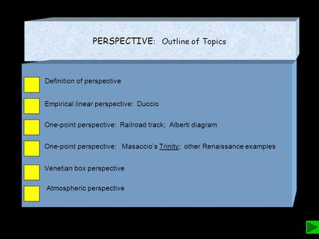PERSPECTIVE PERSPECTIVE : Outline of Topics Definition of perspective Empirical linear perspective: Duccio One-point perspective: Railroad track; Alberti.