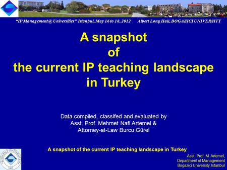 “IP Universities” Istanbul, May 16 to 18, 2012 Albert Long Hall, BOGAZICI UNIVERSITY A snapshot of the current IP teaching landscape in Turkey.