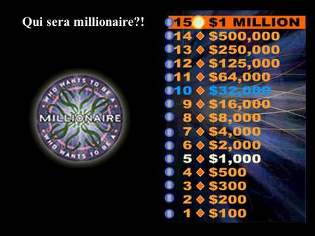 Qui sera millionaire?! 15 14 13 12 11 10 9 8 7 6 5 4 3 2 1 € 1 Million € 500,000 € 250,000 € 125,000 € 64,000 € 32,000 € 16,000 € 8,000 € 4,000 € 2,000.
