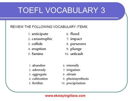 Www.ekolayingilizce.com TOEFL VOCABULARY 3 REVIEW THE FOLLOWING VOCABULARY ITEMS: