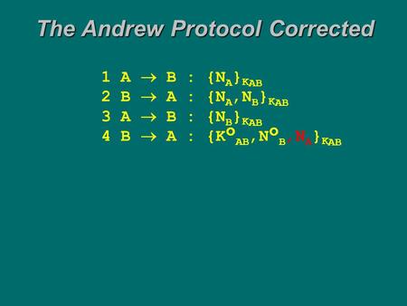 The Andrew Protocol Corrected 1 A  B : {N A } K AB 2 B  A : {N A,N B } K AB 3 A  B : {N B } K AB 4 B  A : {K AB,N B,N A } K AB.