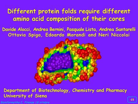 Bioinformatiha 2, Firenze 18 ottobre -15 Different protein folds require different amino acid composition of their cores Davide Alocci, Andrea Bernini,