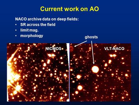 Current work on AO NACO archive data on deep fields: SR across the field limit mag. morphology NICMOS VLT-NACO ghosts.