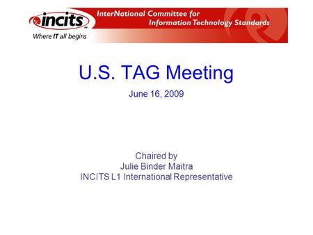 U.S. TAG Meeting Chaired by Julie Binder Maitra INCITS L1 International Representative June 16, 2009.