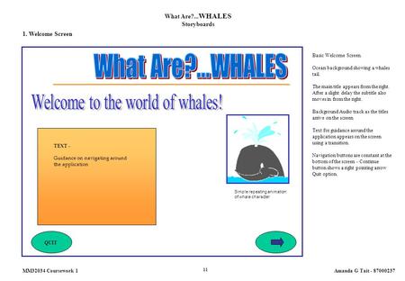 What Are?... WHALES Storyboards 1. Welcome Screen Basic Welcome Screen. Ocean background showing a whales tail. The main title appears from the right.