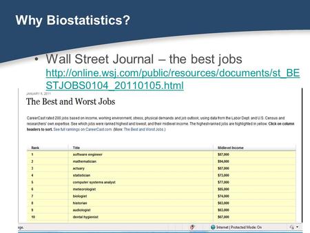 Why Biostatistics? Wall Street Journal – the best jobs  STJOBS0104_20110105.html