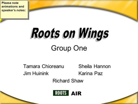 Group One Tamara Chioreanu Sheila Hannon Jim Huinink Karina Paz Richard Shaw AIR Please note animations and speaker’s notes: