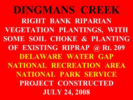 DINGMANS CREEK RIGHT BANK RIPARIAN VEGETATION PLANTINGS, WITH SOME SOIL CHOKE & PLANTING OF EXISTING Rt. 209 DELAWARE WATER GAP NATIONAL RECREATION.