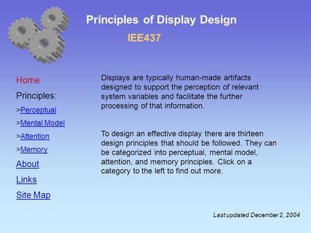 Principles of Display Design Home Principles:  Perceptual Perceptual  Mental Model Mental Model  Attention Attention  Memory Memory About Links Site.