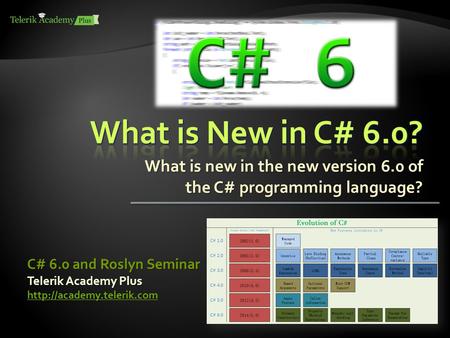 What is new in the new version 6.0 of the C# programming language? Telerik Academy Plus  C# 6.0 and Roslyn Seminar.