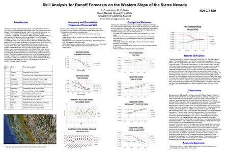 Skill Analysis for Runoff Forecasts on the Western Slope of the Sierra Nevada B. D. Harrison; R. C. Bales Sierra Nevada Research Institute University of.