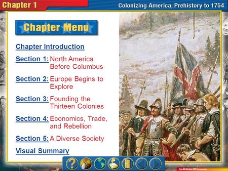 Chapter Menu Chapter Introduction Section 1:Section 1:North America Before Columbus Section 2:Section 2:Europe Begins to Explore Section 3:Section 3:Founding.