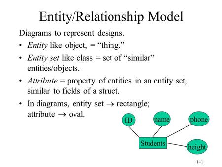 1–1 Students Entity/Relationship Model Diagrams to represent designs. Entity like object, = “thing.” Entity set like class = set of “similar” entities/objects.