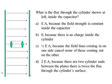 What is the flux through the cylinder shown at left, inside the capacitor? a)E A, because the field strength is constant inside the capacitor b)0, because.